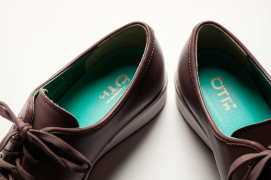 Close-up of custom insoles fitted inside fashionable orthotic footwear