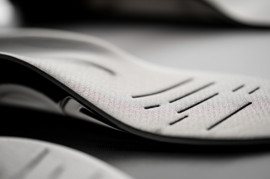 Close-up of custom orthotic insoles showing detailed arch support